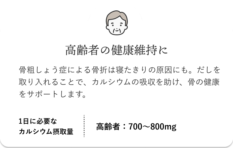 高齢者の健康維持に 骨粗しょう症による骨折は寝たきりの原因にも。だしを取り入れることで、カルシウムの吸収を助け、骨の健康をサポートします。